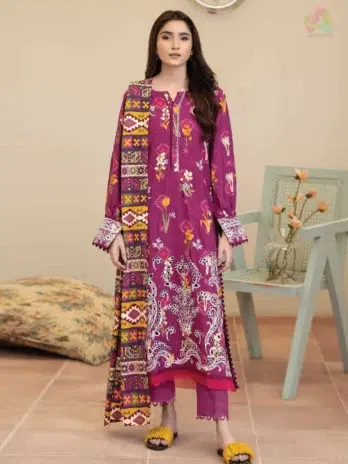 Front view of Tazeen by Johra JW-170, embroidered staple slub shirt with elegant prints, paired with printed shawl and plain trouser.