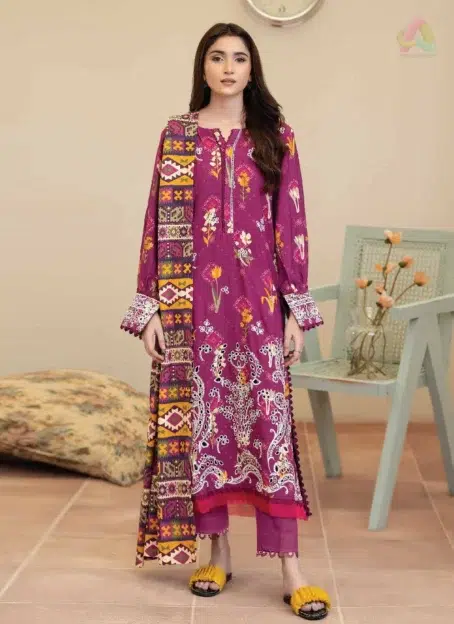 Front view of Tazeen by Johra JW-170, embroidered staple slub shirt with elegant prints, paired with printed shawl and plain trouser.