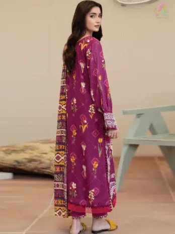Back view of Tazeen by Johra JW-170 highlighting staple slub shirt embroidery, styled with printed shawl and plain trouser from Johra Collection.