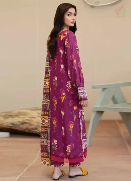 Back view of Tazeen by Johra JW-170 highlighting staple slub shirt embroidery, styled with printed shawl and plain trouser from Johra Collection.