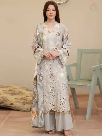 Elegant front view of Tazeen by Johra JW-171 showcasing embroidered staple slub shirt with fine details, paired with printed shawl and plain trouser.
