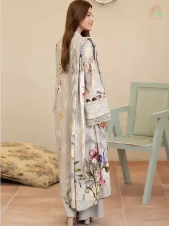 Back design of Tazeen by Johra JW-171 highlighting embroidered staple slub fabric with graceful finishing, matched with stylish printed shawl and plain trouser.