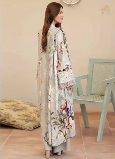 Back design of Tazeen by Johra JW-171 highlighting embroidered staple slub fabric with graceful finishing, matched with stylish printed shawl and plain trouser.