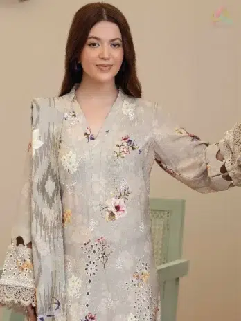 Close-up of Tazeen by Johra JW-171 showing intricate embroidery on staple slub shirt fabric, capturing the premium quality of Johra Collection.