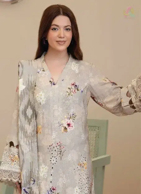 Close-up of Tazeen by Johra JW-171 showing intricate embroidery on staple slub shirt fabric, capturing the premium quality of Johra Collection.