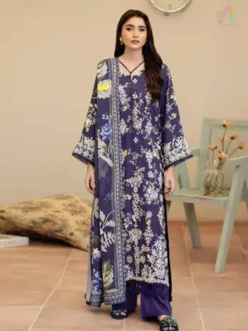 Front design of Tazeen by Johra JW-172 featuring embroidered staple slub shirt with artistic detailing, paired with printed shawl and plain trouser.