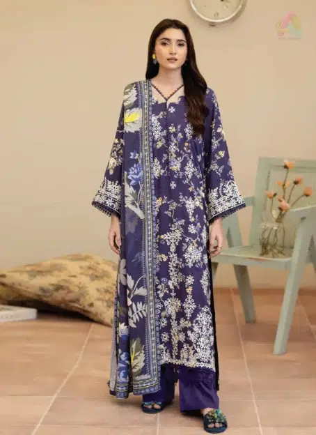 Front design of Tazeen by Johra JW-172 featuring embroidered staple slub shirt with artistic detailing, paired with printed shawl and plain trouser.