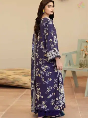 Back view of Tazeen by Johra JW-172 highlighting staple slub embroidery and printed patterns, complemented with a stylish shawl and plain trouser