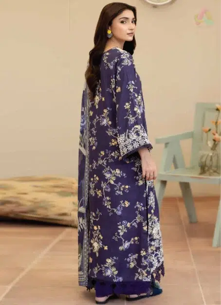 Back view of Tazeen by Johra JW-172 highlighting staple slub embroidery and printed patterns, complemented with a stylish shawl and plain trouser