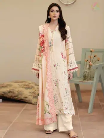 Front look of Tazeen by Johra JW-173 featuring embroidered and printed staple slub shirt, paired with printed shawl and plain trouser