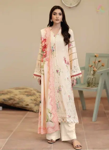 Front look of Tazeen by Johra JW-173 featuring embroidered and printed staple slub shirt, paired with printed shawl and plain trouser