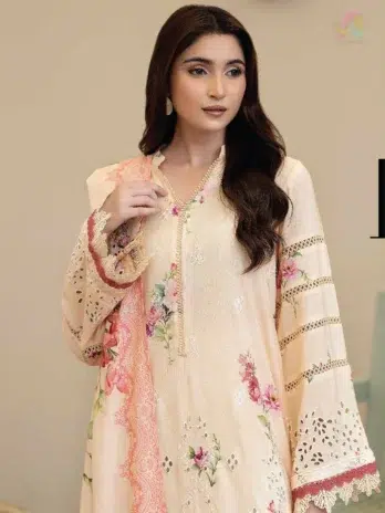 Close-up of Tazeen by Johra JW-173 showing delicate embroidery and fine printing on staple slub fabric from Johra New Collection 2025.