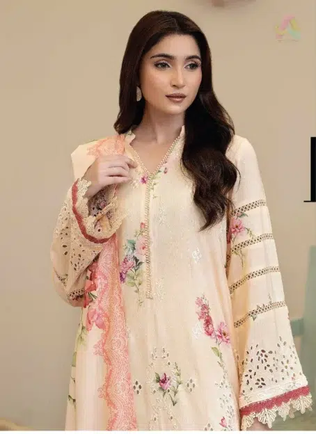 Close-up of Tazeen by Johra JW-173 showing delicate embroidery and fine printing on staple slub fabric from Johra New Collection 2025.
