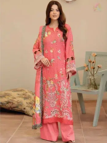 Front view of Tazeen by Johra JW-174 Staple Slub suit featuring embroidered and printed shirt, paired with printed shawl and plain trouser