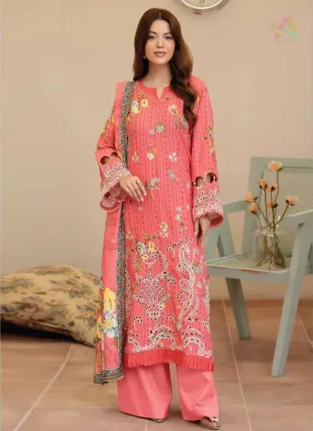 Front view of Tazeen by Johra JW-174 Staple Slub suit featuring embroidered and printed shirt, paired with printed shawl and plain trouser
