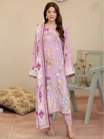 Front view of Tazeen by Johra JW-175 suit, showing embroidered and printed Staple Slub shirt with printed shawl and plain trouser.