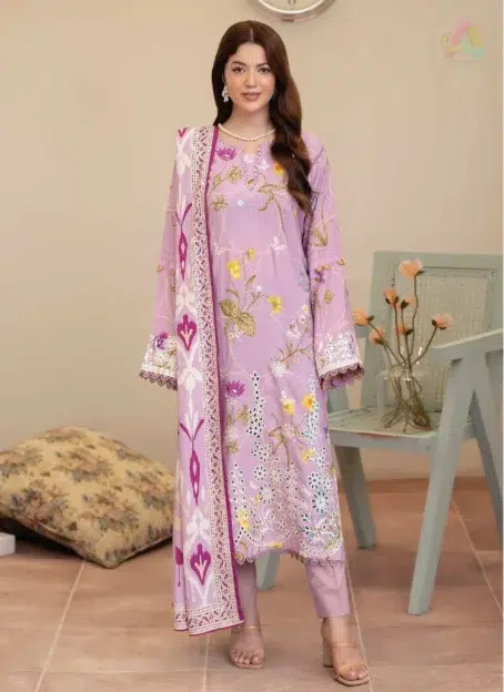 Front view of Tazeen by Johra JW-175 suit, showing embroidered and printed Staple Slub shirt with printed shawl and plain trouser.