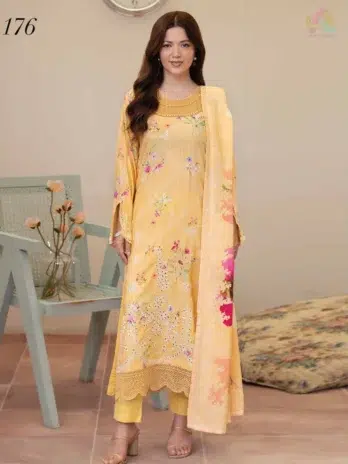 Front view of Tazeen by Johra JW-176 suit, showcasing embroidered and printed Staple Slub shirt with printed shawl and plain trouser.