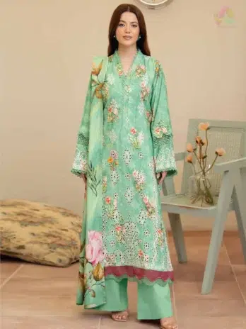 Front view of Tazeen by Johra JW-177 suit, showing embroidered Staple Slub shirt, printed shawl, and plain trouser from Johra Collection 2025.