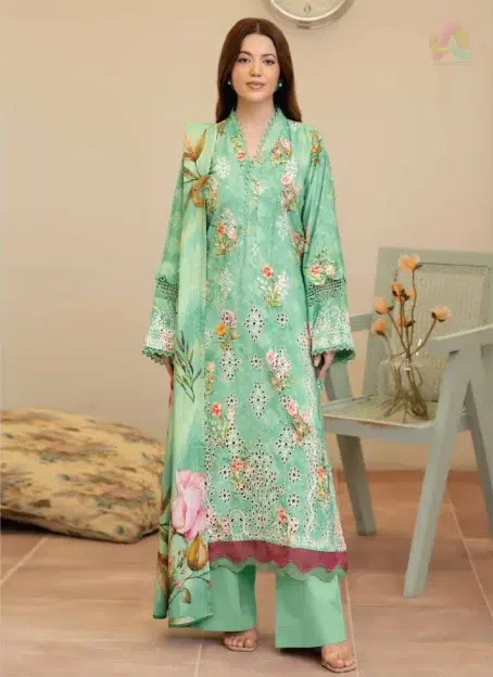 Front view of Tazeen by Johra JW-177 suit, showing embroidered Staple Slub shirt, printed shawl, and plain trouser from Johra Collection 2025.