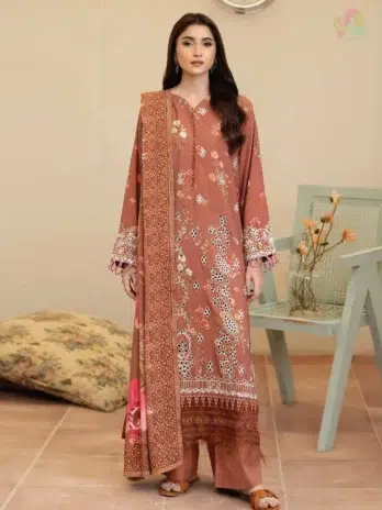 Front view of Tazeen by Johra JW-178, showcasing embroidered Staple Slub shirt, printed shawl, and trouser from Johra Collection 2025.