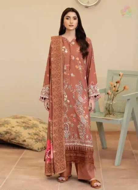 Front view of Tazeen by Johra JW-178, showcasing embroidered Staple Slub shirt, printed shawl, and trouser from Johra Collection 2025.