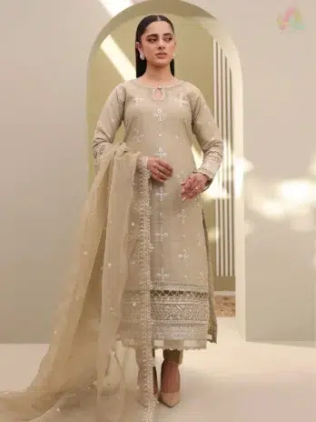 Zellbury by Al-Rahim Textile D-01 front view showing embroidered Monar shirt with inner and fine detailing from Zellbury Cotton Collection.