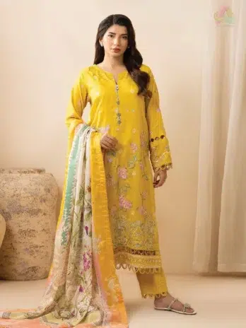 Zellbury by Al-Rahim Textile D-03 front view featuring embroidered dobby lawn shirt, printed tissue silk dupatta, and cambric trouser from Zellbury Lawn Collection.