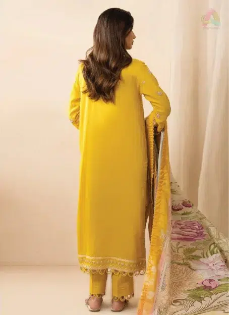 Zellbury by Al-Rahim Textile D-03 back view showing embroidery details on dobby lawn shirt with cambric trouser from Zellbury Fabric Collection