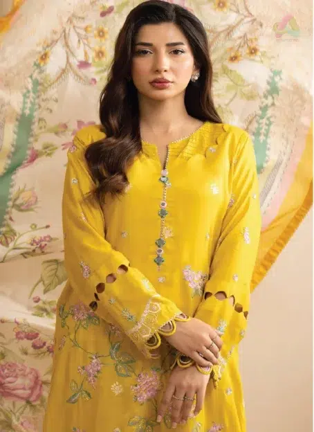 Zellbury by Al-Rahim Textile D-03 close-up highlighting embroidered dobby lawn fabric, digital silk dupatta, and premium detailing from Zellbury New Collection.