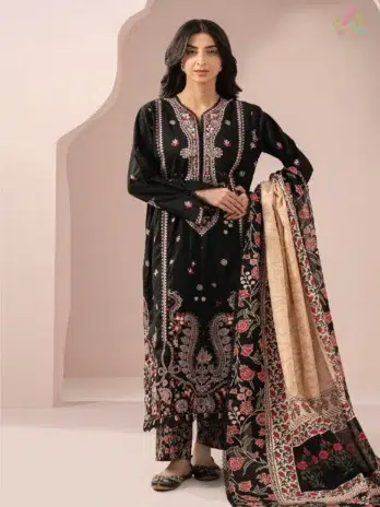 Zellbury by Al-Rahim Textile D-04 front view featuring embroidered cambric shirt, digital Doria dupatta, and cambric trouser from Zellbury Cambric Collection.