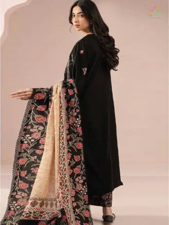 Zellbury by Al-Rahim Textile D-04 back view highlighting embroidered shirt and printed cambric trouser with stylish Doria dupatta from Zellbury Fabric Collection.