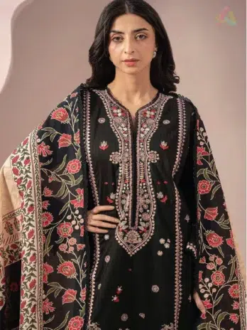 Zellbury by Al-Rahim Textile D-04 close-up showing intricate embroidery on cambric shirt with digital printed fabric from Zellbury New Collection 2025.