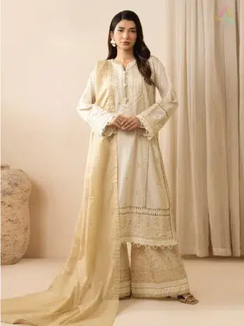 Front view of Zellbury by Al-Rahim Textile D-05, featuring embroidered lawn shirt with matching denting lawn dupatta and cambric trouser.