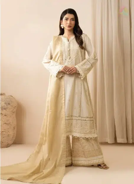 Front view of Zellbury by Al-Rahim Textile D-05, featuring embroidered lawn shirt with matching denting lawn dupatta and cambric trouser.
