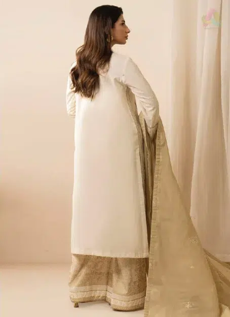 Back view of Zellbury by Al-Rahim Textile D-05 three-piece suit highlighting embroidered details on lawn fabric and elegant design for women.