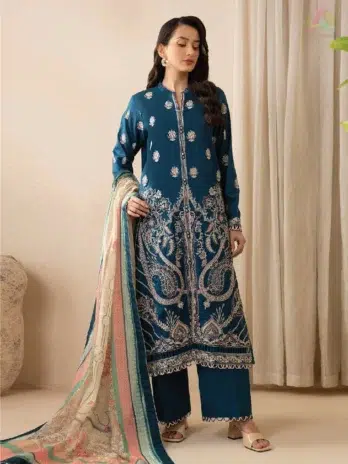 Front view of Zellbury by Al-Rahim Textile D-06 showcasing embroidered lawn shirt, digital printed monar dupatta, and dyed cambric trouser in elegant style.