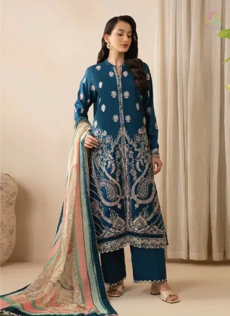 Front view of Zellbury by Al-Rahim Textile D-06 showcasing embroidered lawn shirt, digital printed monar dupatta, and dyed cambric trouser in elegant style.