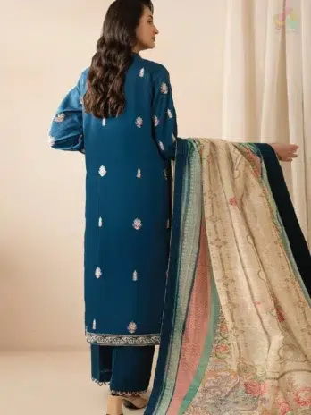 Back view of Zellbury by Al-Rahim Textile D-06 highlighting intricate embroidery on the lawn shirt paired with digital printed monar dupatta and cambric trouser.