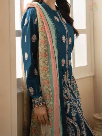 Close view of Zellbury by Al-Rahim Textile D-06 showing fine embroidery on lawn shirt and detailed design of the digital printed monar dupatta.
