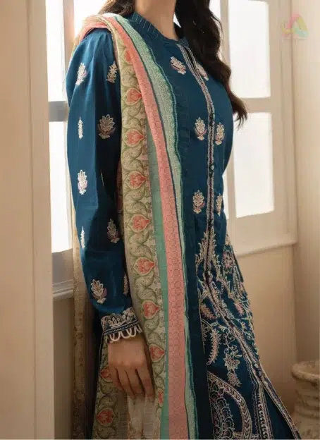 Close view of Zellbury by Al-Rahim Textile D-06 showing fine embroidery on lawn shirt and detailed design of the digital printed monar dupatta.