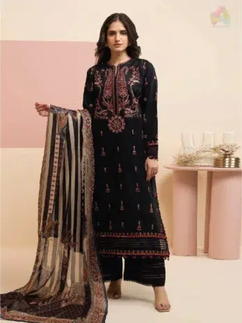 Front view of Zellbury by Al-Rahim Textile D-07 showing embroidered stripe lawn shirt, digital printed tissue silk dupatta, and dyed cambric trouser in elegant style.