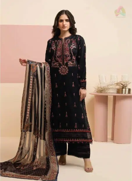 Front view of Zellbury by Al-Rahim Textile D-07 showing embroidered stripe lawn shirt, digital printed tissue silk dupatta, and dyed cambric trouser in elegant style.