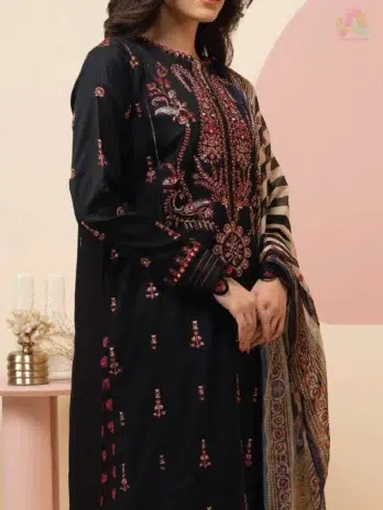 Close view of Zellbury by Al-Rahim Textile D-07 showcasing detailed embroidery on stripe lawn shirt with vibrant digital printed tissue silk dupatta and cambric trouser.