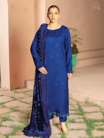 Home 12 Anarkali By Mahay A-01 front view showcasing fancy zarri jacquard peach shirt with plachi shawl and plain trouser.