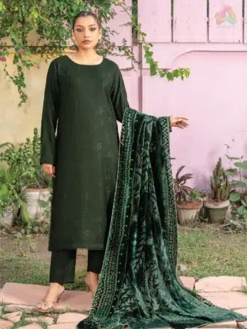 Home 11 Anarkali By Mahay A-02 front view showcasing fancy zarri jacquard peach shirt, plachi shawl, and plain trouser in elegant winter style.