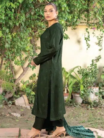 Back view of Anarkali By Mahay A-02 highlighting peach jacquard texture and intricate fabric detailing from Mahay Winter Collection.