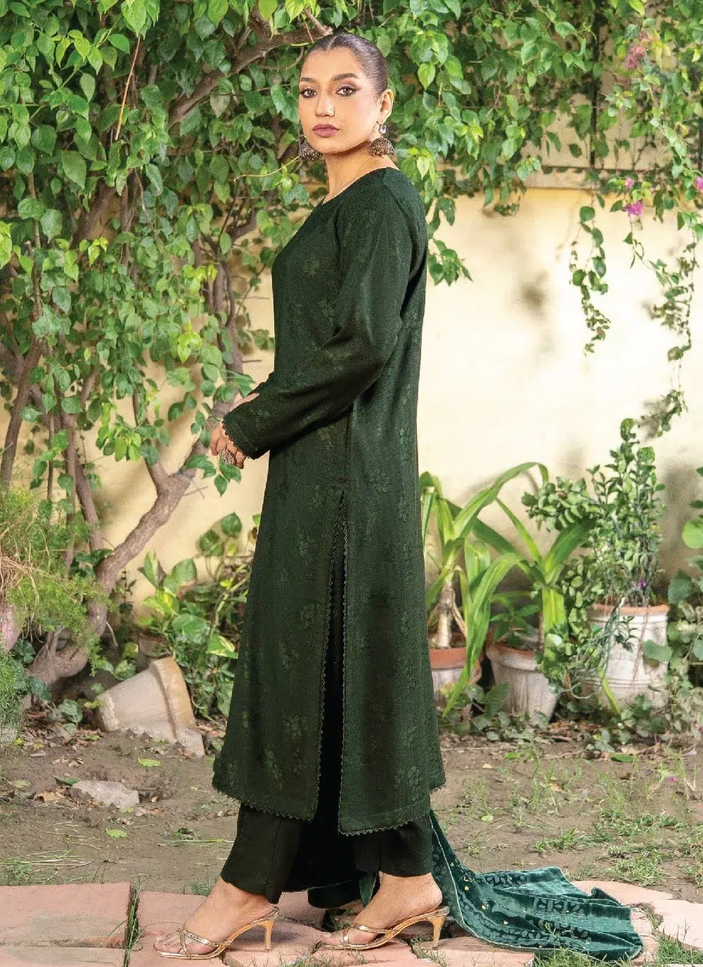 Anarkali By Mahay A-02 2 Back view of Anarkali By Mahay A-02 highlighting peach jacquard texture and intricate fabric detailing from Mahay Winter Collection.