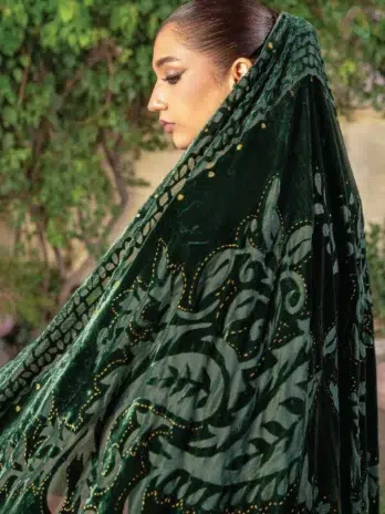 Close-up of Anarkali By Mahay A-02 showing fancy zarri jacquard weave and premium finishing for a rich Mahay Peach Dress look.