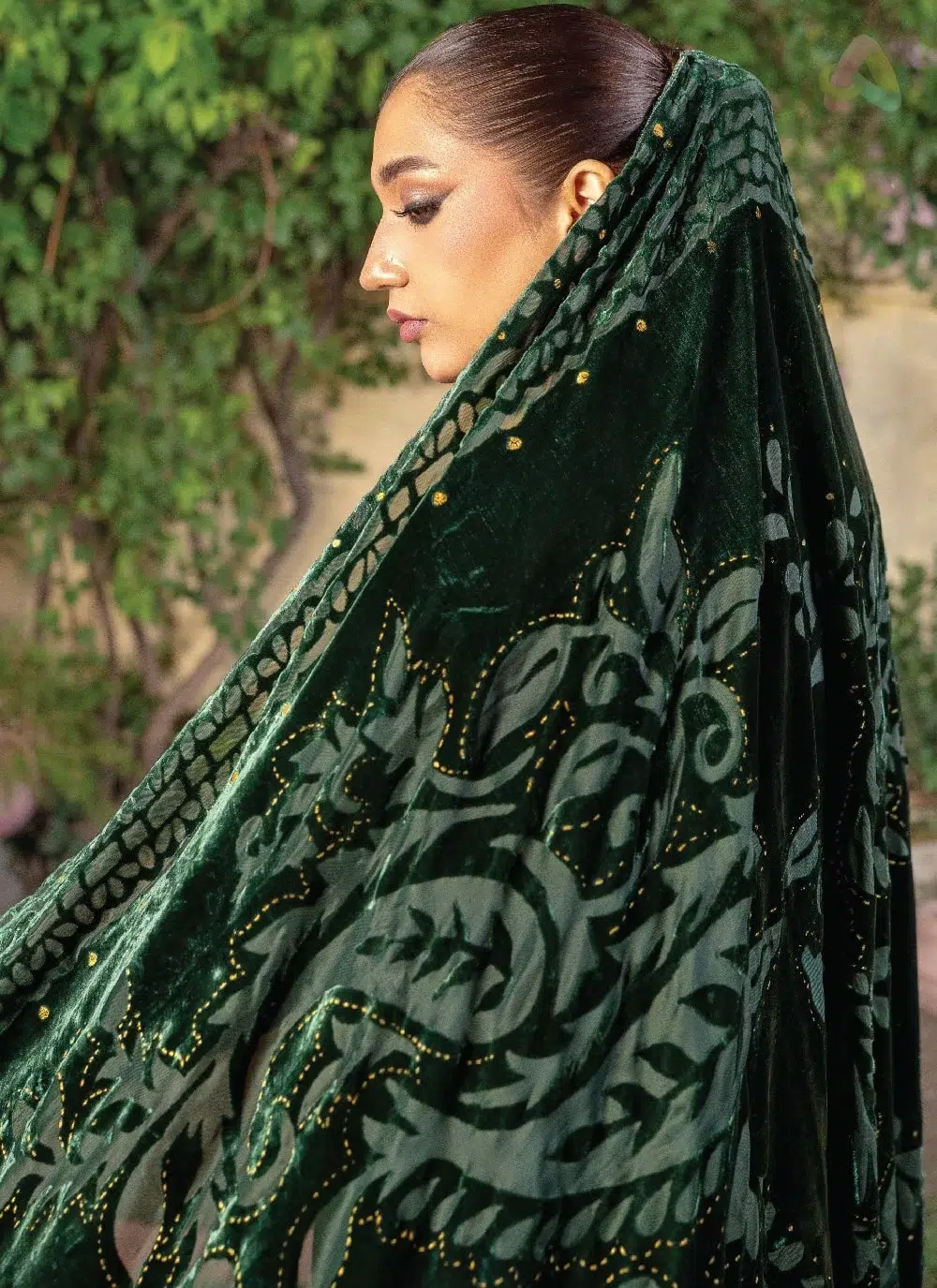 Anarkali By Mahay A-02 3 Close-up of Anarkali By Mahay A-02 showing fancy zarri jacquard weave and premium finishing for a rich Mahay Peach Dress look.